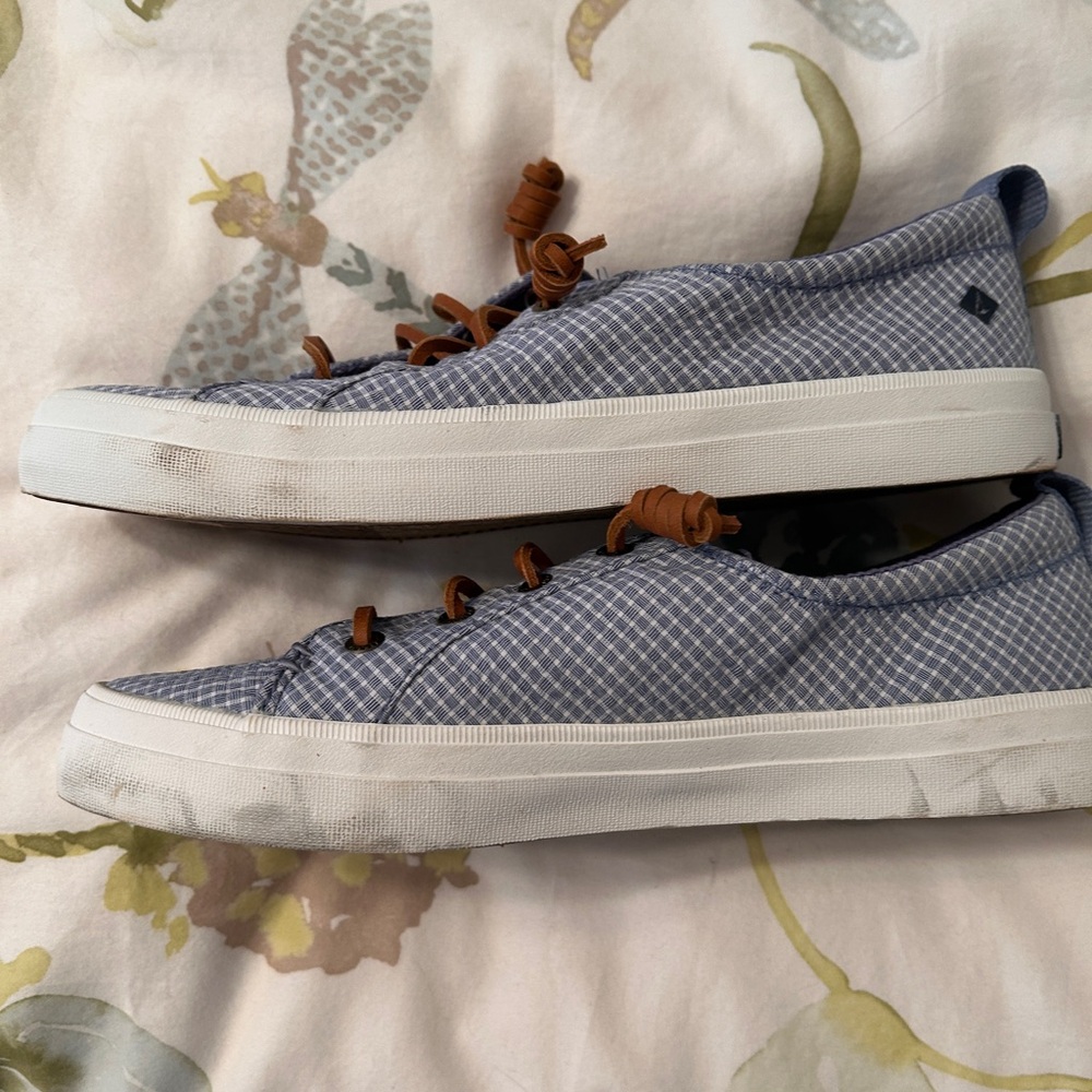 Sperry Light Blue Gingham Top-Sider Sneaker with Brown Laces - Picture 6 of 10